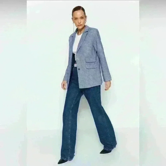 NWT Trendyol Blue Herringbone Tweed Blazer Sz 8 Item#20 - Picture 3 of 14